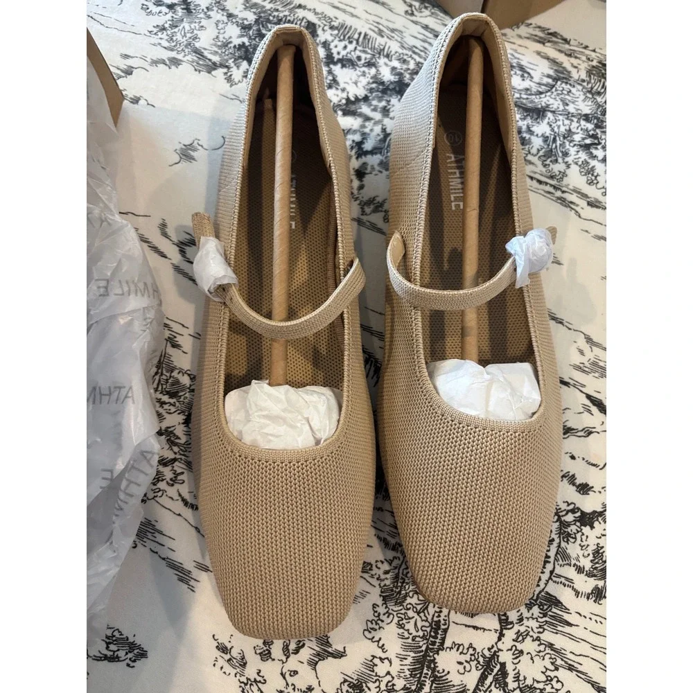 Airsmile Womens Knit Mary Jane Flats Square Toe Beige Buckle Strap Shoes Size 10
